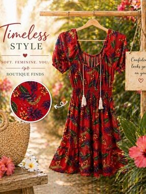 Red Tropical Floral Midi Dress Size M
